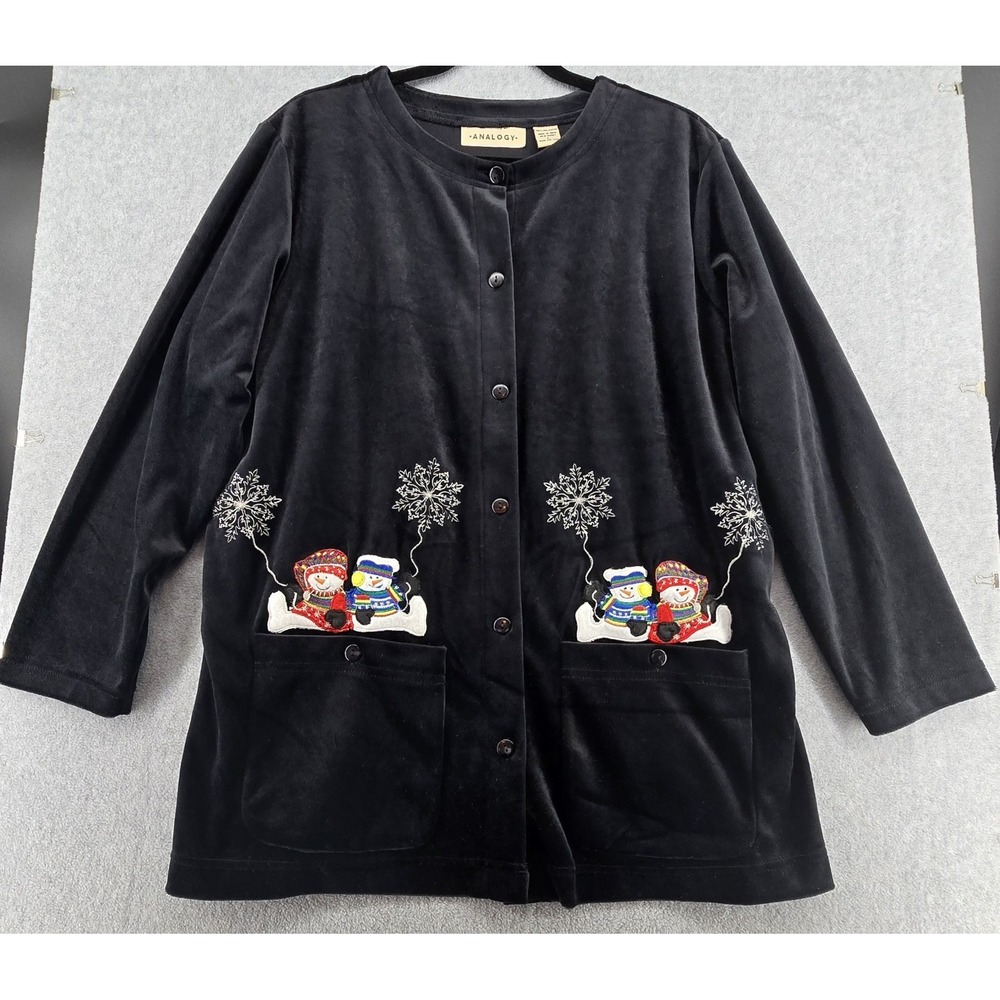 Analogy Black Velvet Christmas Snowman Cardigan L Embroidered‎ Holiday Shacket